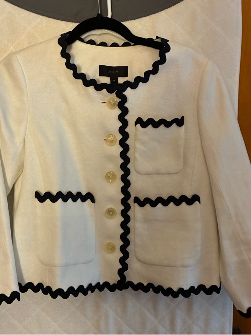 J. Crew White Jacket with Black Rickrack Trim